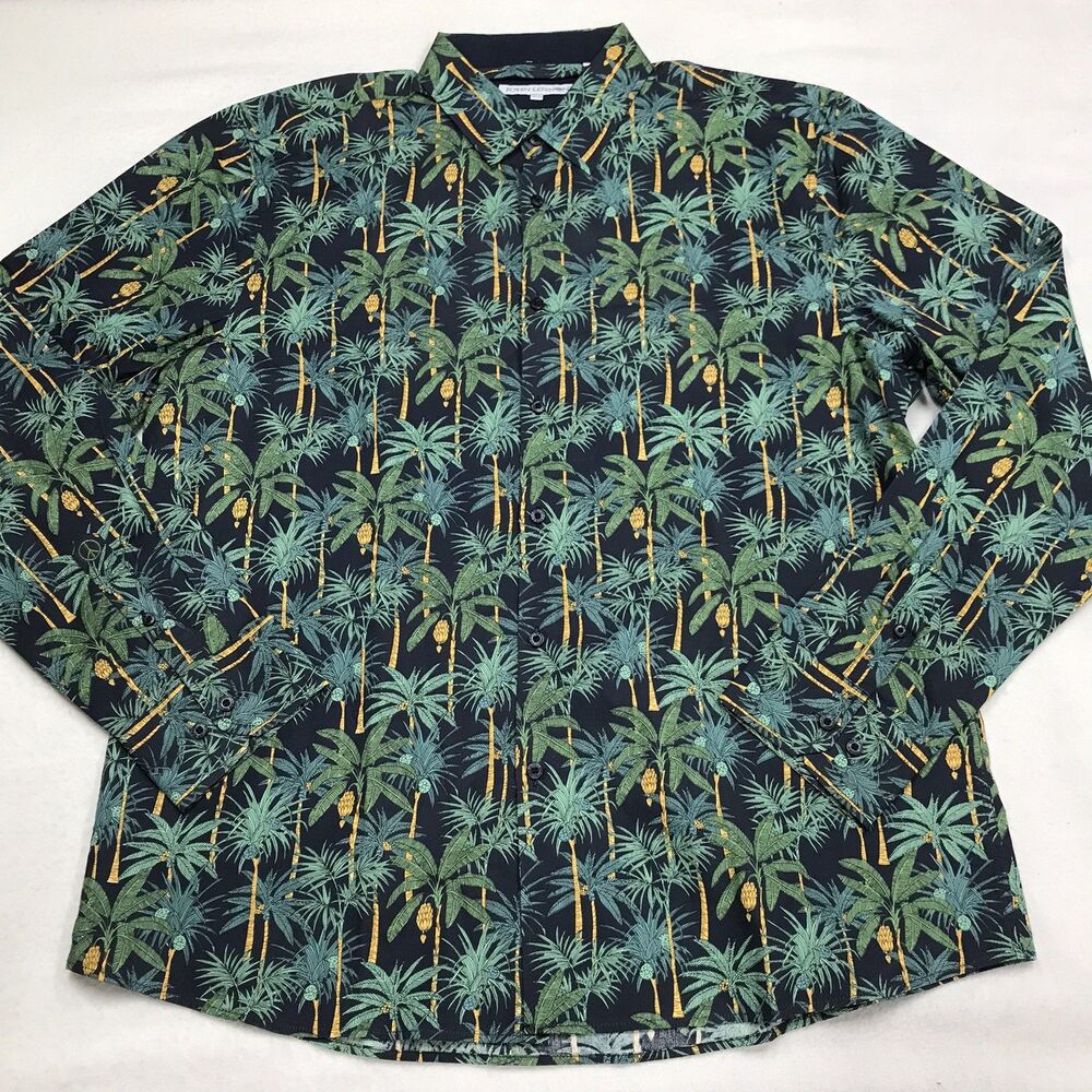 JOHN LENNON Shirt Men 2XL XXL Green Blue Palm Tree Print 100% Cotton Twill